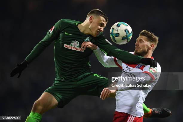 Maximilian Eggestein of Bremen fights for the ball with Aaron Hunt of Hamburg during the Bundesliga match between SV Werder Bremen and Hamburger SV...