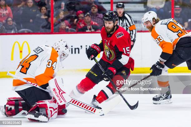 Ottawa Senators Left Wing Zack Smith stops in front of the net as Philadelphia Flyers Goalie Petr Mrazek makes a save during first period National...
