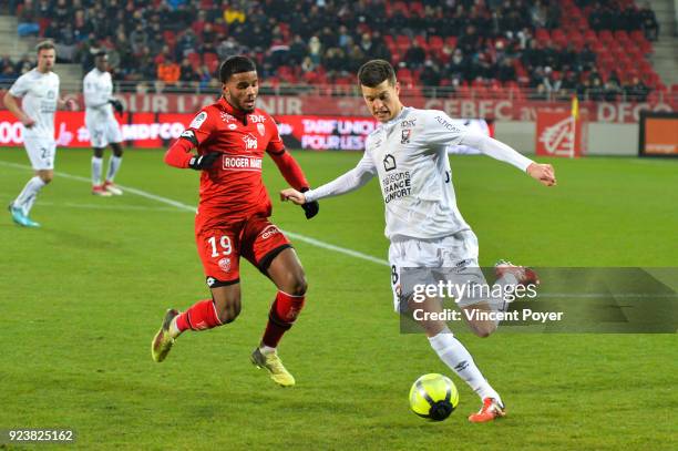 Valentin Rosier of Dijon and Stef Peeters of Caen during the Ligue 1 match between Dijon FCO and SM Caen at Stade Gaston Gerard on February 24, 2018...