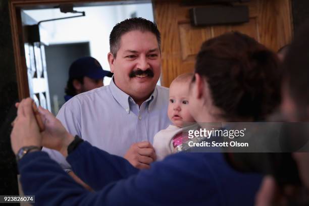 Randy Bryce greets guests at a rally on February 24, 2018 in Racine, Wisconsin. Bryce, a union ironworker, is hoping to defeat House Speaker Paul...