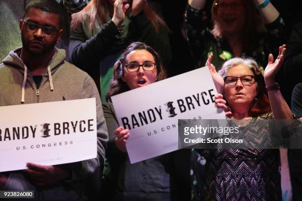 Supporters of Randy Bryce attend a rally on February 24, 2018 in Racine, Wisconsin. Bryce, a union ironworker, is hoping to defeat House Speaker Paul...