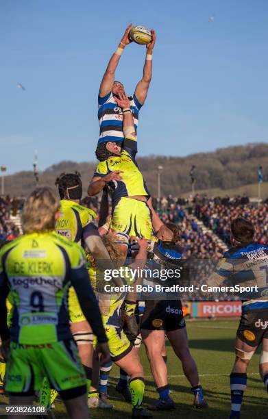 Bath Rugby's Luke Charteris claims a line out during the Aviva Premiership match between Bath Rugby and Sale Sharks at Recreation Ground on February...