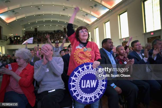 Supporters of Randy Bryce attend a rally on February 24, 2018 in Racine, Wisconsin. Bryce, a union ironworker, is hoping to defeat House Speaker Paul...