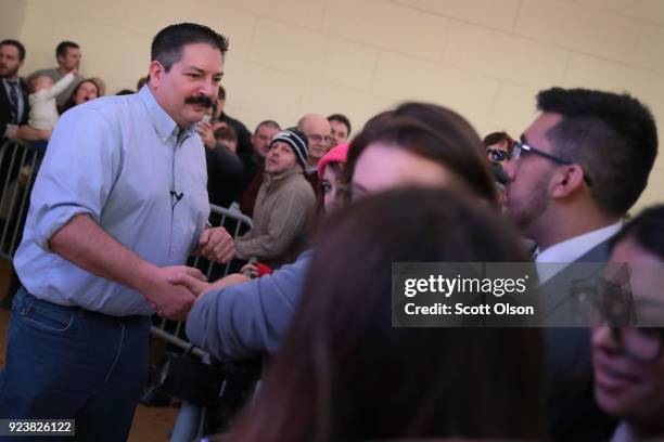 Randy Bryce greets guests at a rally on February 24, 2018 in Racine, Wisconsin. Bryce, a union ironworker, is hoping to defeat House Speaker Paul...