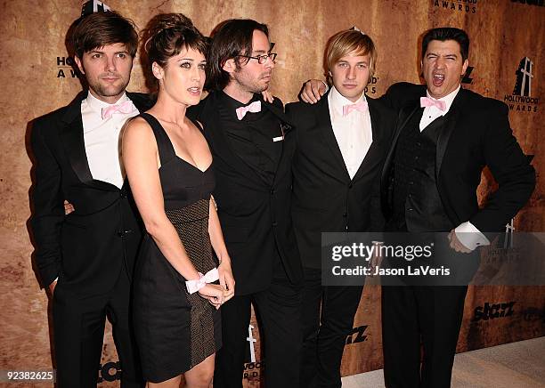 Actors Adam Scott, Lizzy Caplan, Martin Starr, Ryan Hansen and Ken Marino attend the Hollywood Film Festival after party at The Beverly Hilton Hotel...