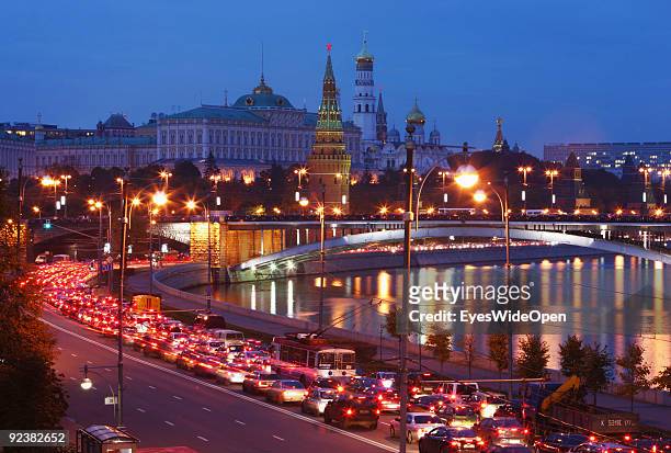View over river Moskva at the famous Kremlin, the goverment building and center of the russian power on October 14, 2009 in Moscow, Russia. Moscow is...