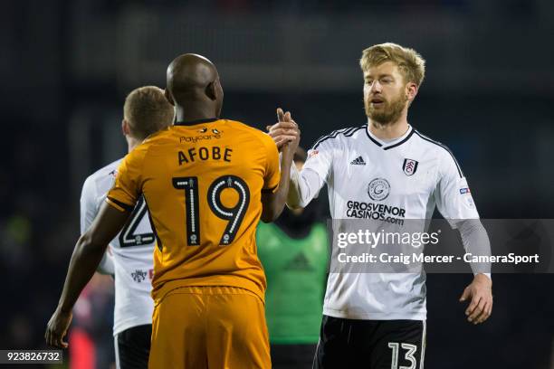 Fulham's Tim Ream shakes hands with Wolverhampton Wanderers' Benik Afobe at the final whistle during the Sky Bet Championship match between Fulham...