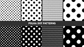 Set of polka dots patterns/ Graphic stylish seamless vector backgrounds/ Classic patterns
