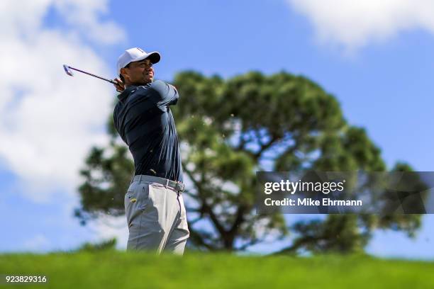 Tiger Woods plays his tee shot on the fourth hole during the third round of the Honda Classic at PGA National Resort and Spa on February 24, 2018 in...