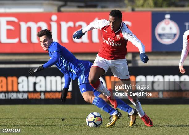 Joe Willock of Arsenal is to strong for Neven Durasek of Dinamo during the match between Arsenal and Dinamo Zagreb at Meadow Park on February 24,...