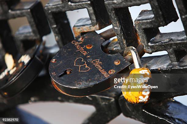 Padlocks at a bridge in the Park at the new Monastery of the Virgins on October 14, 2009 in Moscow, Russia. The locks are said and believed to bring...