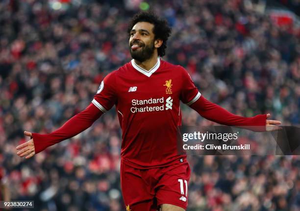 Mohamed Salah of Liverpool celebrates scoring his side's second goal during the Premier League match between Liverpool and West Ham United at Anfield...