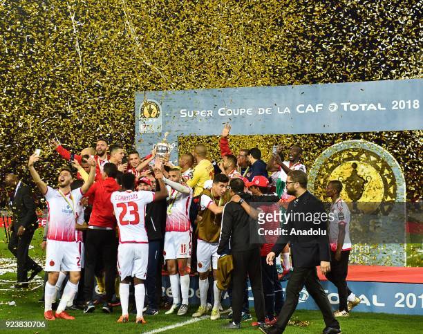 Players of Wydad Casablanca celebrate their victory against TP Mazembe after their CAF Super Cup 2018 between Wydad Casablanca and TP Mazembe at the...