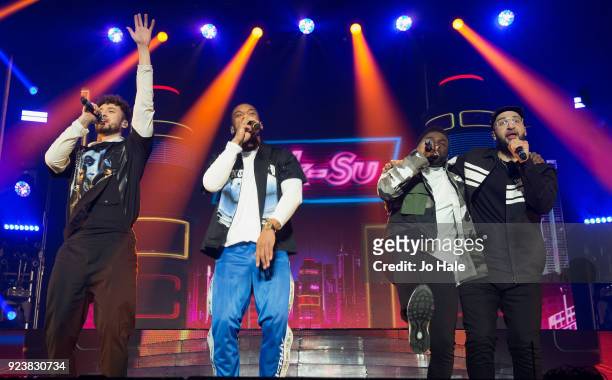 Myles Stephenson, Jamaal Shurland, Ashley Fongo and Mustafa Rahimtulla of Rak-Su perform on stage at X Factor Live Tour at SSE Arena on February 24,...