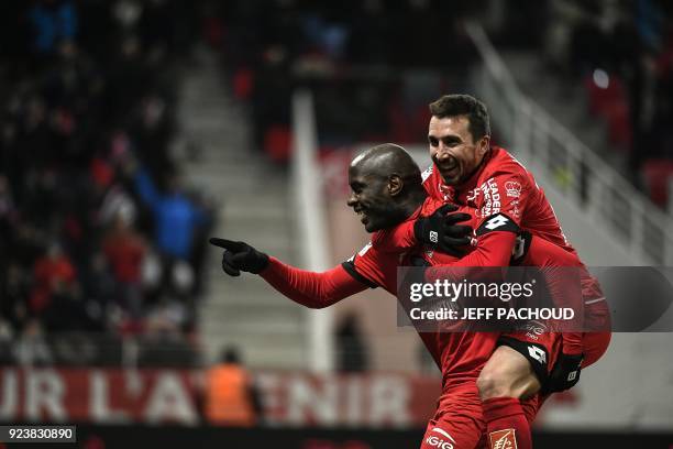 Dijon's forward Julio Tavares from Cape Verde celebrates after scoring a penalty during the French L1 football match Dijon vs Stade Malherbe de Caen...