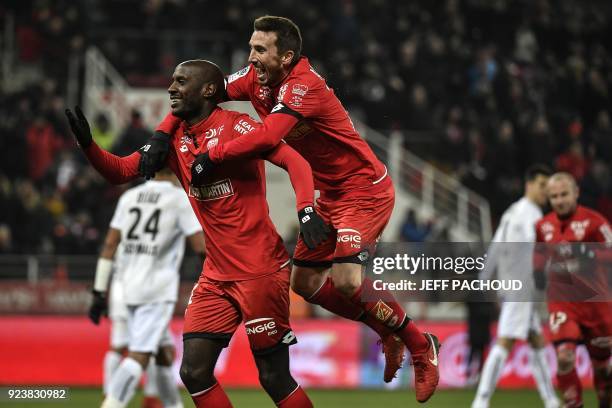 Dijon's forward Julio Tavares from Cape Verde celebrates after scoring a penalty during the French L1 football match Dijon vs Stade Malherbe de Caen...