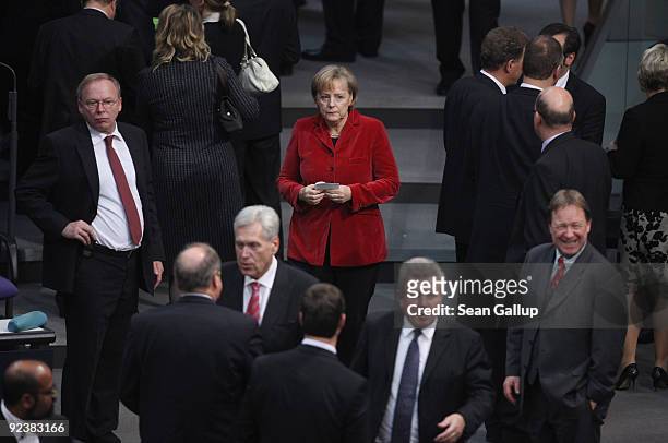 German Chancellor and Chairwoman of the German Christian Democrats Angela Merkel attends the first session of the new Bundestag on October 27, 2009...