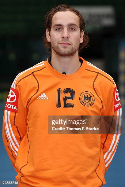 Silvio Heinevetter poses during Team presentation of the German Handball National Team at the Gerry Weber Stadium on October 27, 2009 in Halle,...