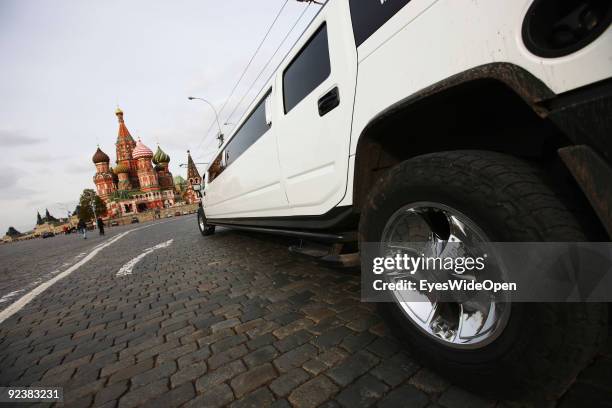 Stretch limousine in front of the Cathedral of Saint Basil on the Red Square on October 14, 2009 in Moscow, Russia. The russian orthodox cathedral...