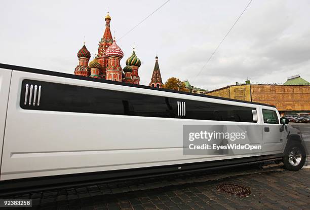 Stretch limousine in front of the Cathedral of Saint Basil on the Red Square on October 14, 2009 in Moscow, Russia. The russian orthodox cathedral...