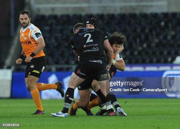 Toyota Cheetahs Francois Venter is tackled by Ospreys Sam Parry during the Guinness Pro14 Round 16 match between Ospreys and Toyota Cheetahs at...