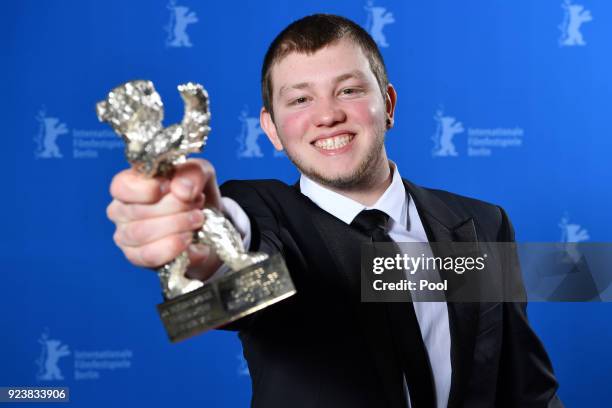 Anthony Bajon poses with the Silver Bear for Best Actor for 'The Prayer' at the Award Winners photo call during the 68th Berlinale International Film...