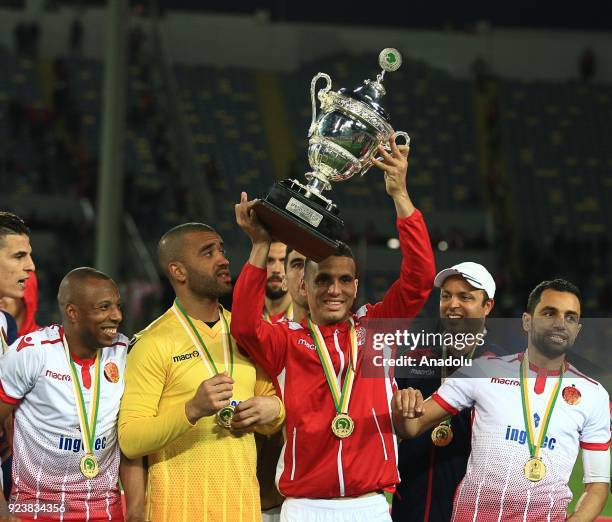 Players of Wydad Casablanca celebrate their victory against TP Mazembe after their CAF Super Cup 2018 between Wydad Casablanca and TP Mazembe at the...
