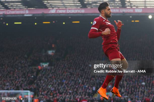 Emre Can of Liverpool celebrates after scoring a goal to make it 1-0 during the Premier League match between Liverpool and West Ham United at Anfield...