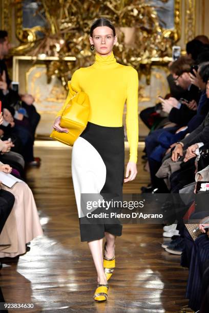 Model walks the runway at the Mila Schon show during Milan Fashion Week Fall/Winter 2018/19 on February 24, 2018 in Milan, Italy.