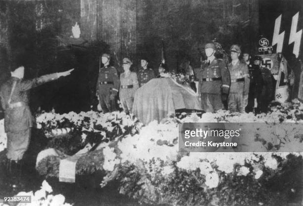German dictator Adolf Hitler salutes the coffin of German Gestapo leader and Protector of Bohemia and Moravia Reinhard Heydrich in the New Reich...