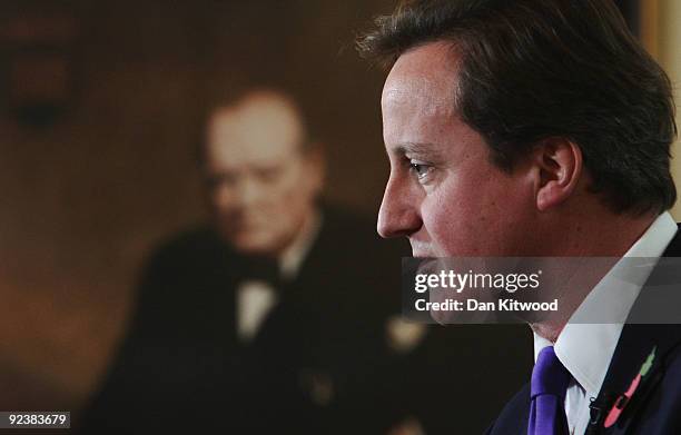 Leader of the Conservative party David Cameron delivers a press briefing at St Stephan's Club on October 27, 2009 in London, England. Questions...