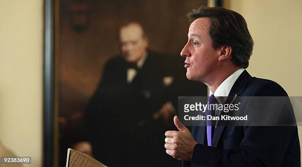 Leader of the Conservative party David Cameron delivers a press briefing at St Stephan's Club on October 27, 2009 in London, England. Questions...