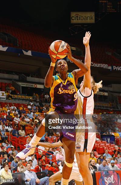 Lisa Leslie of the Los Angeles Sparks goes up for a shot during the WNBA game against the Miami Sol on May 30, 2002 at American Airlines Arena in...