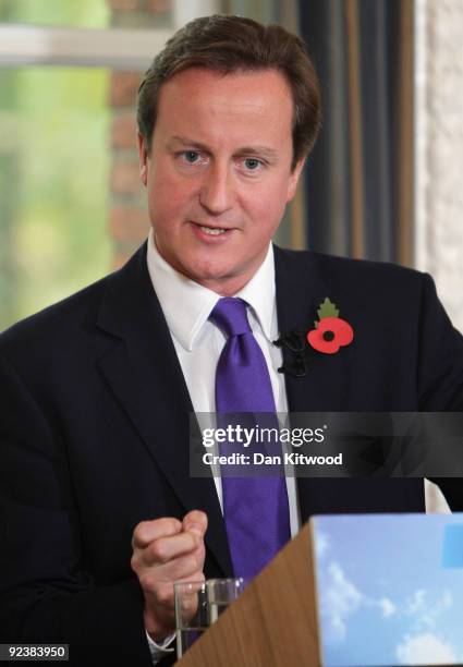 Leader of the Conservative party David Cameron delivers a press briefing at St Stephan's Club on October 27, 2009 in London, England. Questions...