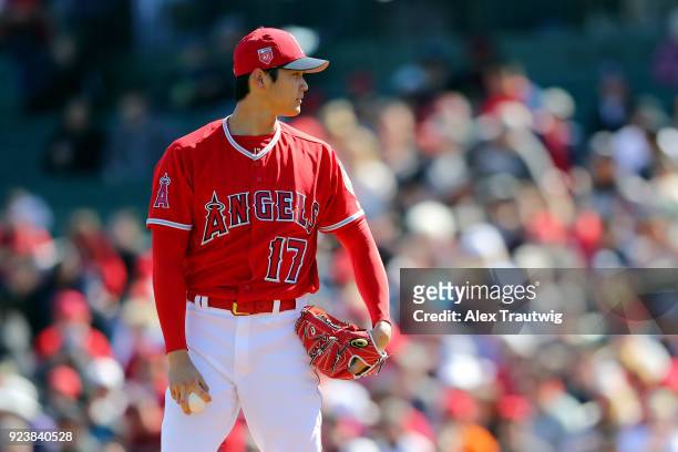 Shohei Ohtani of the Los Angeles Angels pitches during a game against the Milwaukee Brewers on Saturday, February 24, 2018 at Tempe Diablo Stadium in...