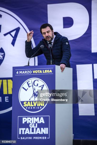 Matteo Salvini, leader of the euroskeptic party League, speaks during an election campaign rally at Duomo Square in Milan, Italy, on Saturday, Feb....