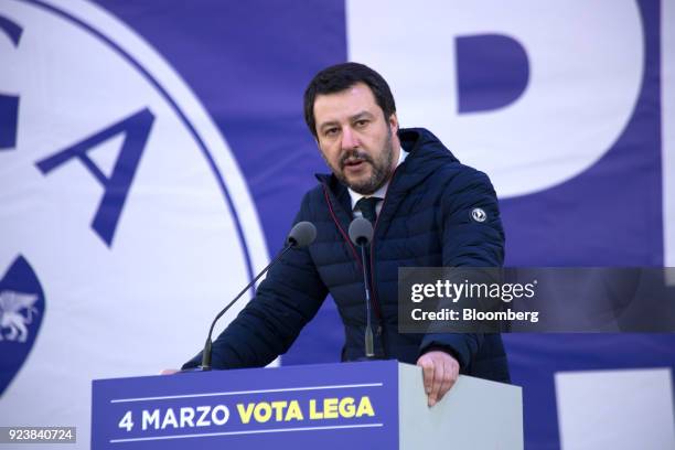 Matteo Salvini, leader of the euroskeptic party League, speaks during an election campaign rally at Duomo Square in Milan, Italy, on Saturday, Feb....