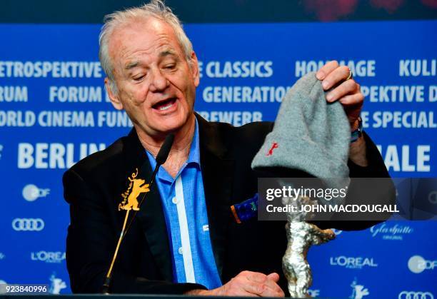 Actor Bill Murray speaks during a press conference following the awards ceremony of the 68th edition of the Berlinale film festival on February 24,...