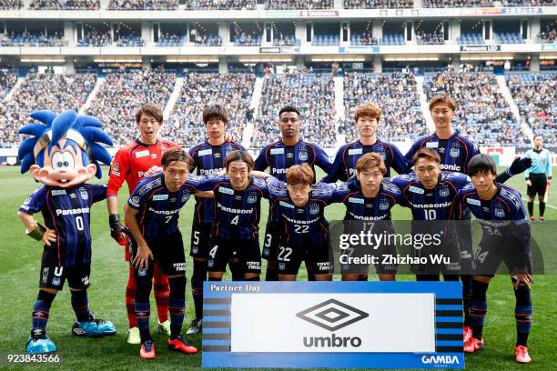 Players of Gamba Osaka line up for team photo prior to the J.League J1 match between Gamba Osaka and Nagoya Grampus at Suita City Football Stadium on...