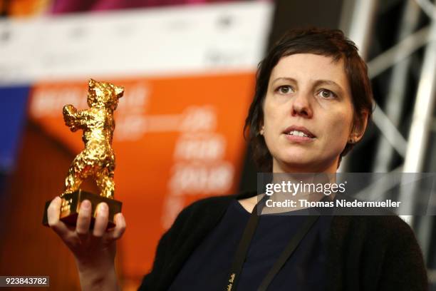 Adina Pintilie, winner of the Golden Bear for Best Film for 'Touch me not', attends the Award Winners press conference during the 68th Berlinale...