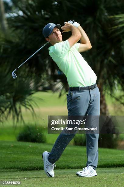 Russell Henley plays his tee shot on the seventh hole during the third round of the Honda Classic at PGA National Resort and Spa on February 24, 2018...