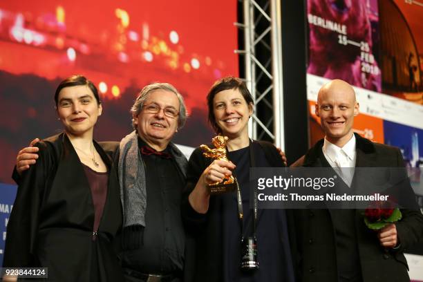 Bianca Oana, Philippe Avril, Adina Pintilie and Tomas Lemarquis pose with the Golden Bear Award for Best Film 'Touch Me Not' at the Award Winners...