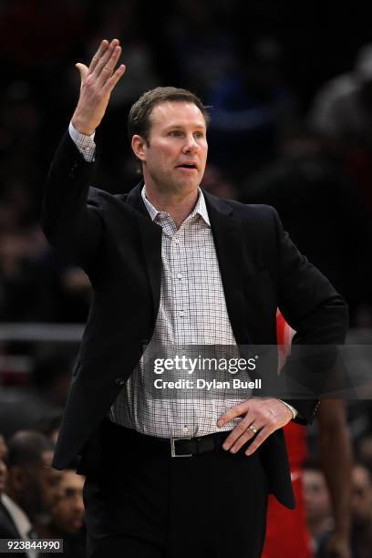 Head coach Fred Hoiberg of the Chicago Bulls reacts in the third quarter against the Philadelphia 76ers at the United Center on February 22, 2018 in...