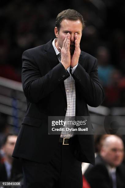 Head coach Fred Hoiberg of the Chicago Bulls calls out instructions in the third quarter against the Philadelphia 76ers at the United Center on...