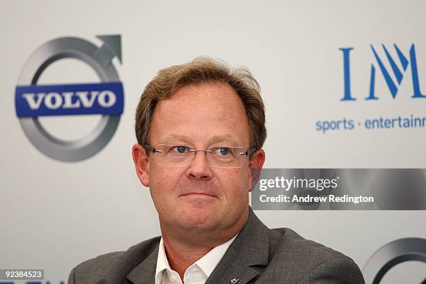 President of Volvo Event Management Per Ericsson answers questions at a press conference prior to the Volvo World Match Play Championship at Finca...