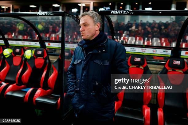 Metz's head coach Frederic Hantz looks on during the French L1 football match between Guingamp and Metz on February 24 at the Roudourou Stadium in...