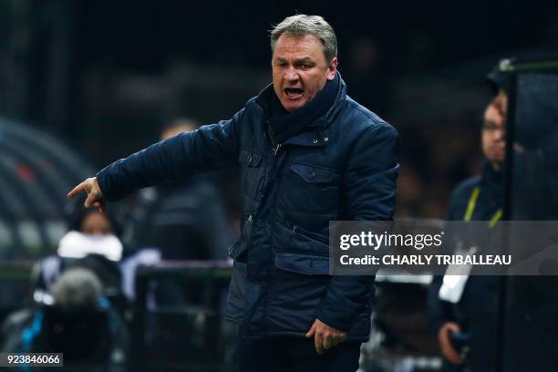 Metz's head coach Frederic Hantz gestures during the French L1 football match between Guingamp and Metz on February 24 at the Roudourou Stadium in...