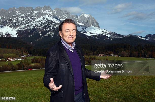 Singer Karel Gott poses during a 'Christmas With Marianne And Michael' TV show taping photocall at Ellmauer Alm Sporthotel on October 27, 2009 in...