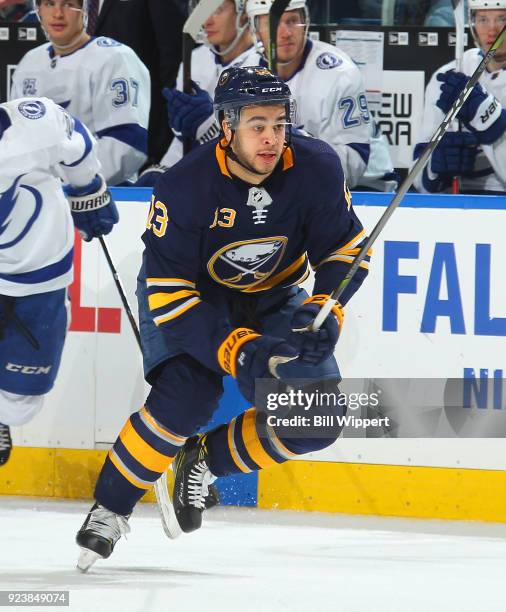 Nicholas Baptiste of the Buffalo Sabres skates during an NHL game against the Tampa Bay Lightning on February 13, 2018 at KeyBank Center in Buffalo,...