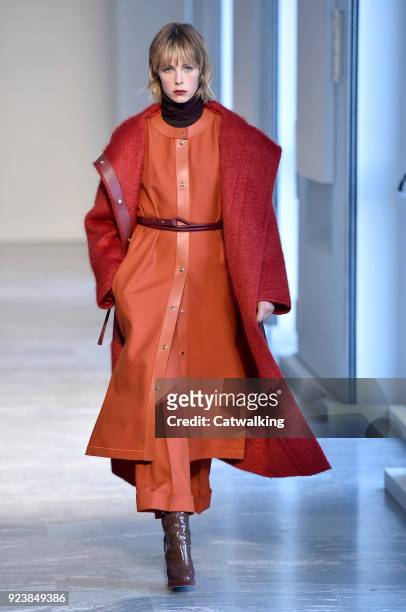 Model walks the runway at the Agnona Autumn Winter 2018 fashion show during Milan Fashion Week on February 24, 2018 in Milan, Italy.